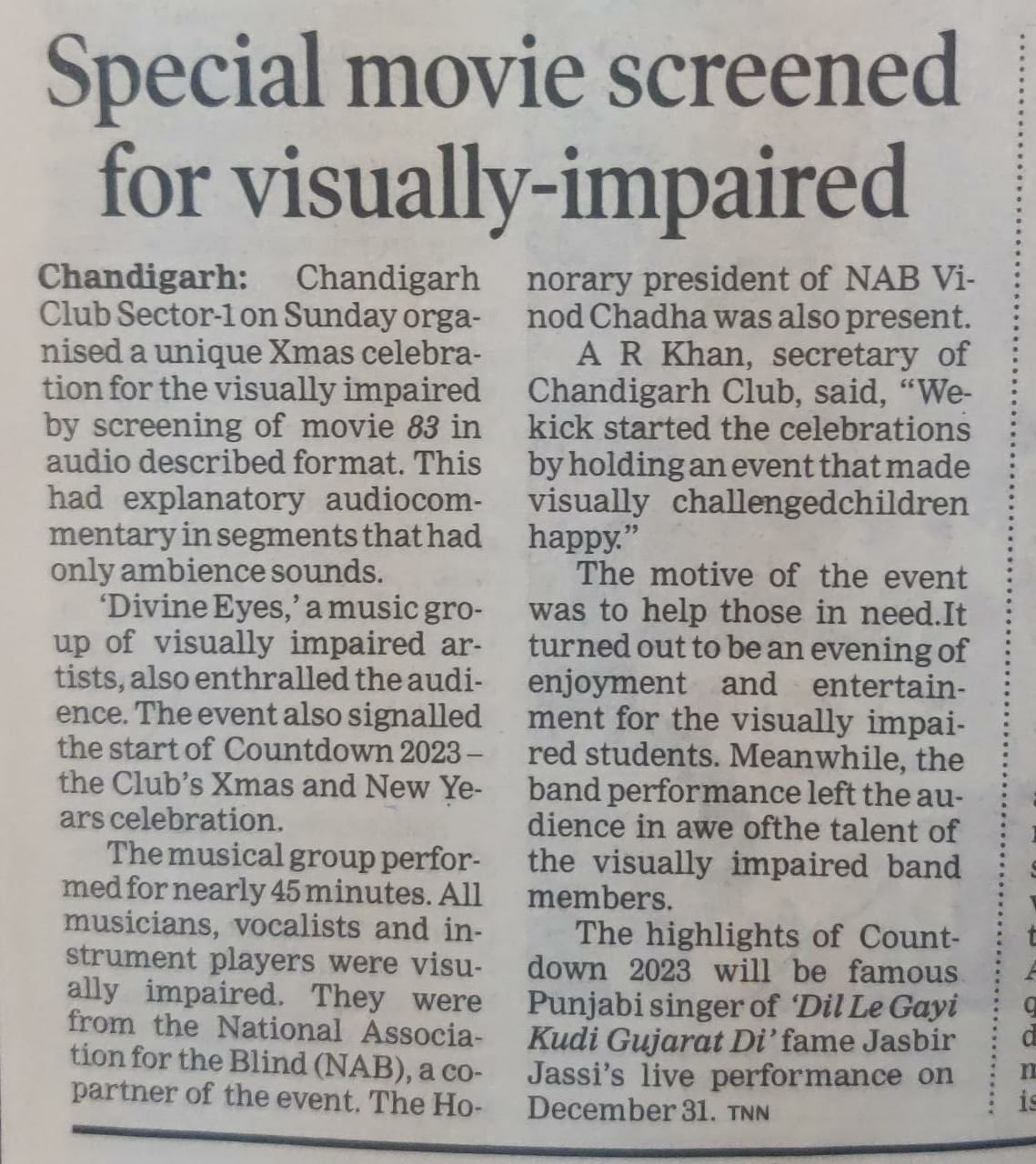 Media coverage highlighting NAB Chandigarh’s recent events and outreach activities for the visually impaired community