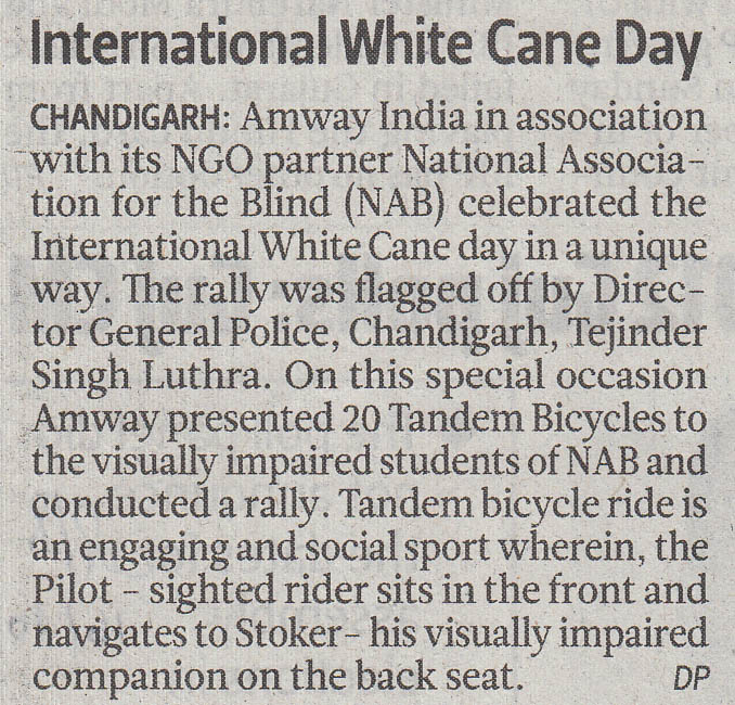 Press article covering NAB Chandigarh’s White Cane Day 2017 event promoting rights and independence of visually impaired individuals