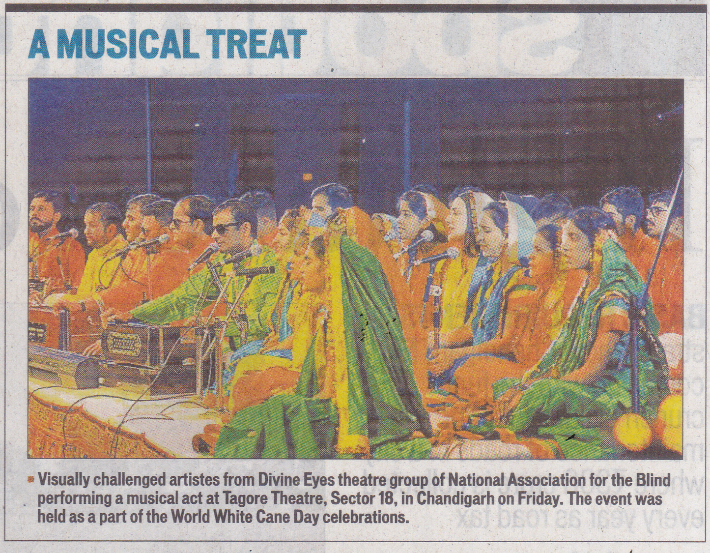 Clipping of press article highlighting ‘Eyes that See’—a musical performance by visually impaired artists held at Tagore Theatre, Chandigarh on 11 October 2019